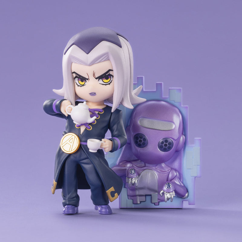 POPMART JoJo's Bizarre Adventure Golden Wind Series Figures Blind Box, this picture is showing one of the figures you can get within the blind box series, this is displayed on a blue background.