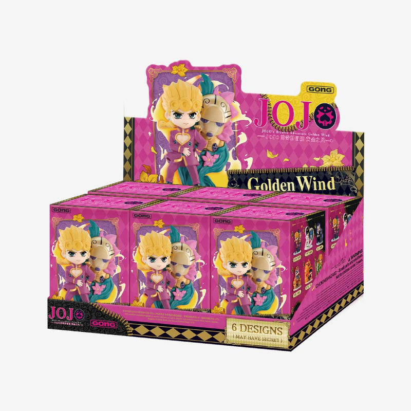 POPMART JoJo's Bizarre Adventure Golden Wind Series Figures Blind Box, this picture is showing the box that the figures come in, in a tray against a white background