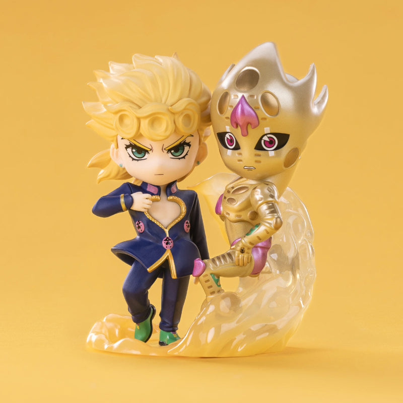 POPMART JoJo's Bizarre Adventure Golden Wind Series Figures Blind Box, this picture is showing one of the figures you can get within the blind box series, this is displayed on a yellow background.