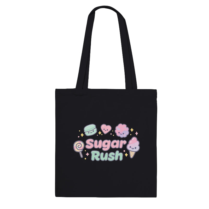 Black tote bag with 'Sugar Rush' text and kawaii ice cream and candy on a white background