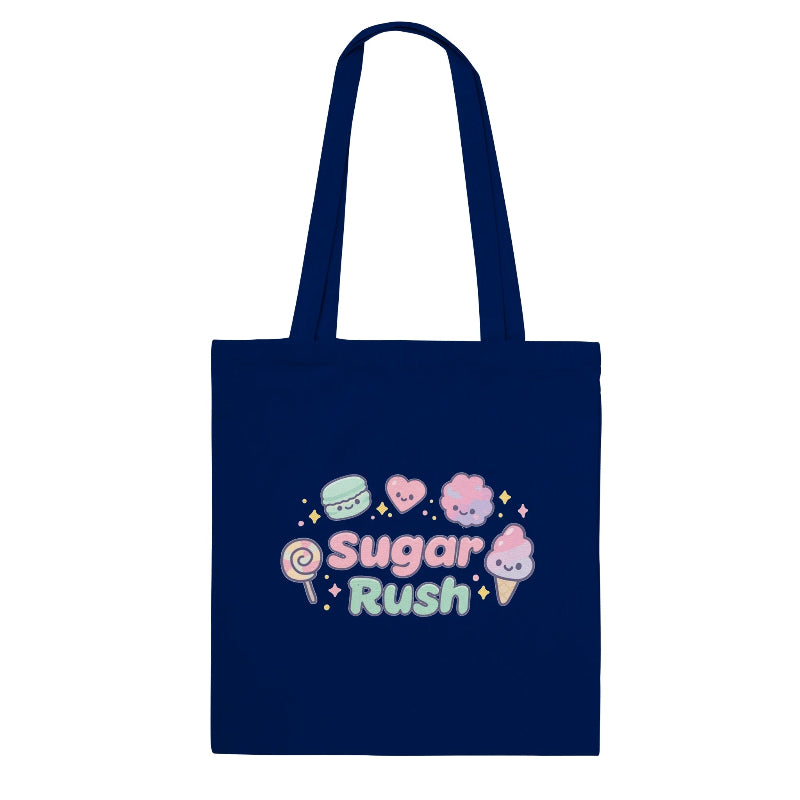 Navy blue tote bag with 'Sugar Rush' text and kawaii candy designs on a white background