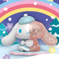 Sanrio Snowy Dreams Blind Box, cinnamoroll figurine displayed on a wintery cartoon background.