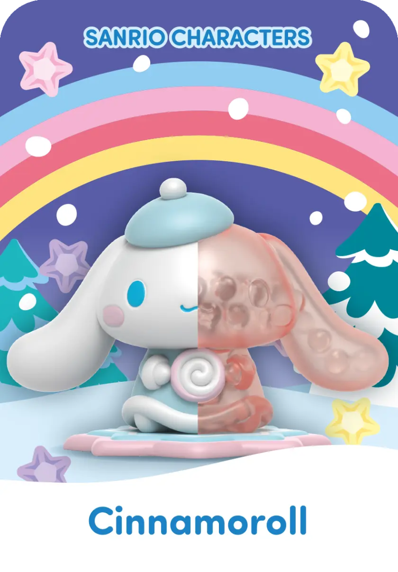 Sanrio Snowy Dreams Blind Box, cinnamoroll figurine displayed on a wintery cartoon background.