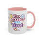 White mug with pink interior and handle, featuring 'Too Cute to be Tired' text and a kawaii bunny on a white background.
