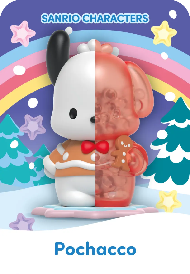 Sanrio Snowy Dreams Blind Box, Pochacco figurine displayed on a wintery cartoon background.