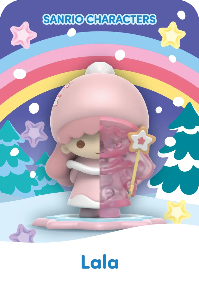 Sanrio Snowy Dreams Blind Box, Lala figurine displayed on a wintery cartoon background.