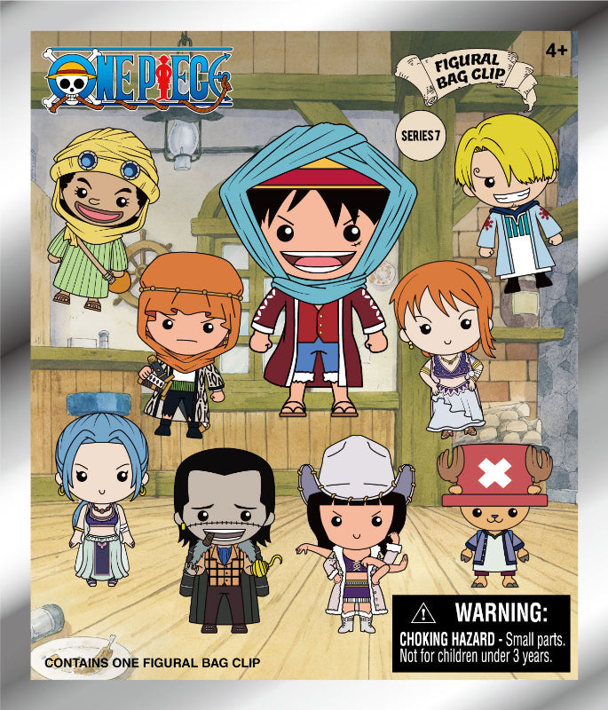 Box art for One Piece figurine bag clip set with characters on a wooden platform.
