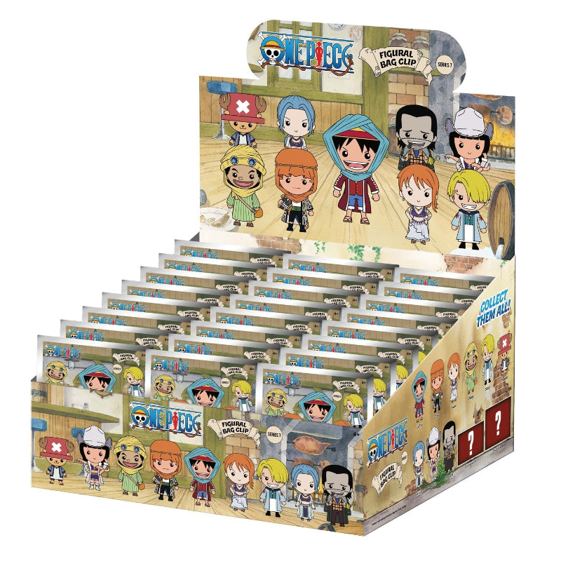 Display of 'One Piece' figurine blind boxes with character illustrations on a white background