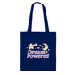 Navy blue tote bag with 'Dream Powered' design featuring a star and moon on a white background