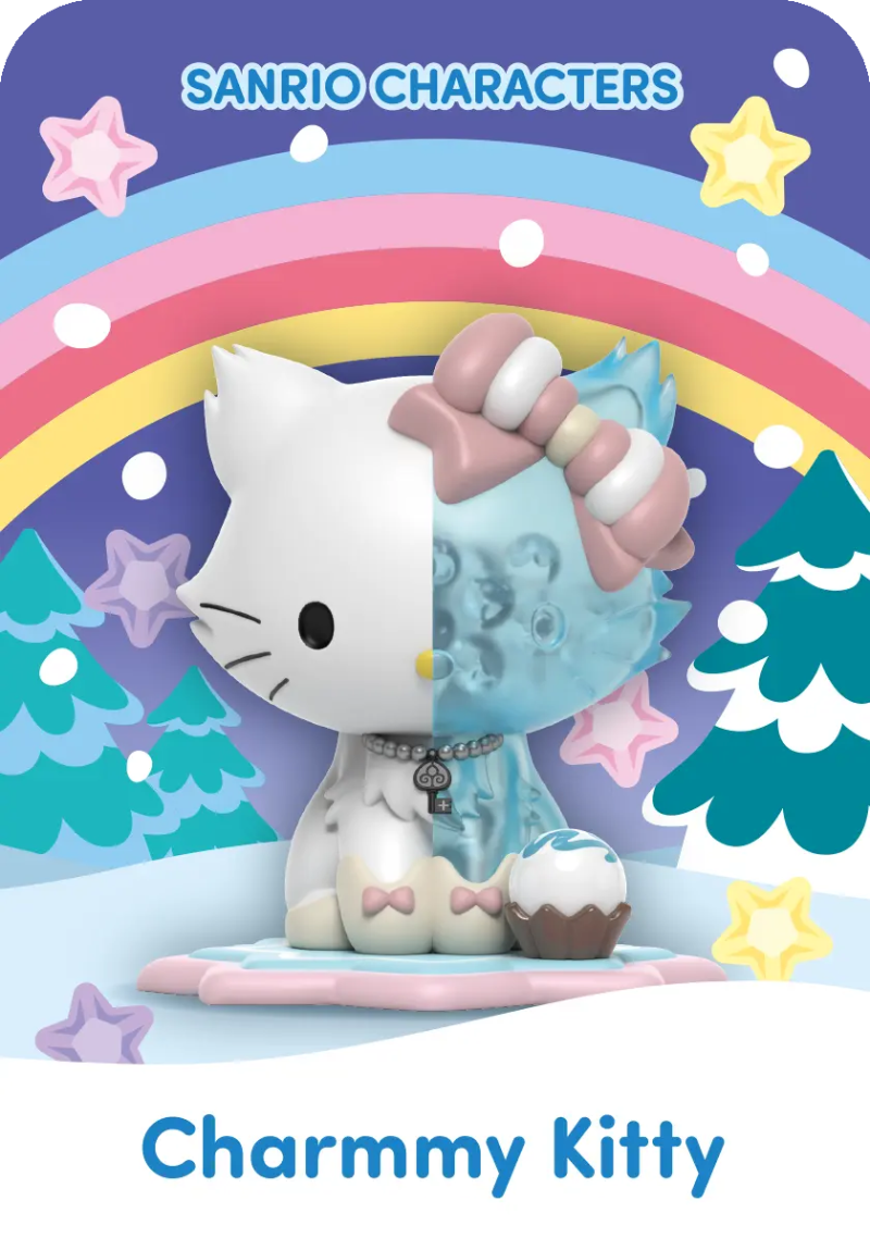 Sanrio Snowy Dreams Blind Box, Charmmy Kitten figurine displayed on a wintery cartoon background.