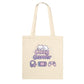 Beige tote bag with 'Cozy Gamer' design featuring a cat, gaming console, and controller on a white background.