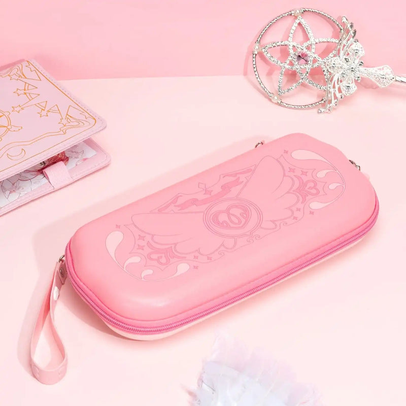 Pink Nintendo Switch case on a pink background