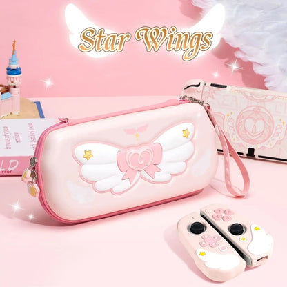 Kawaii Pink Nintendo Switch Case with wings on it on a pink table