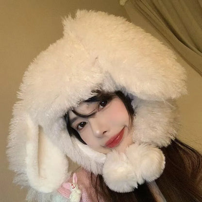 Kawaii Bunny Ears Plush Winter Hat in White