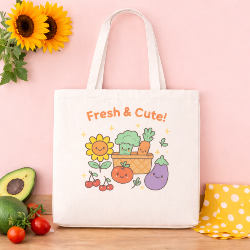 Kawaii Farmer's Market Tote bag surrounded by produce and flowers