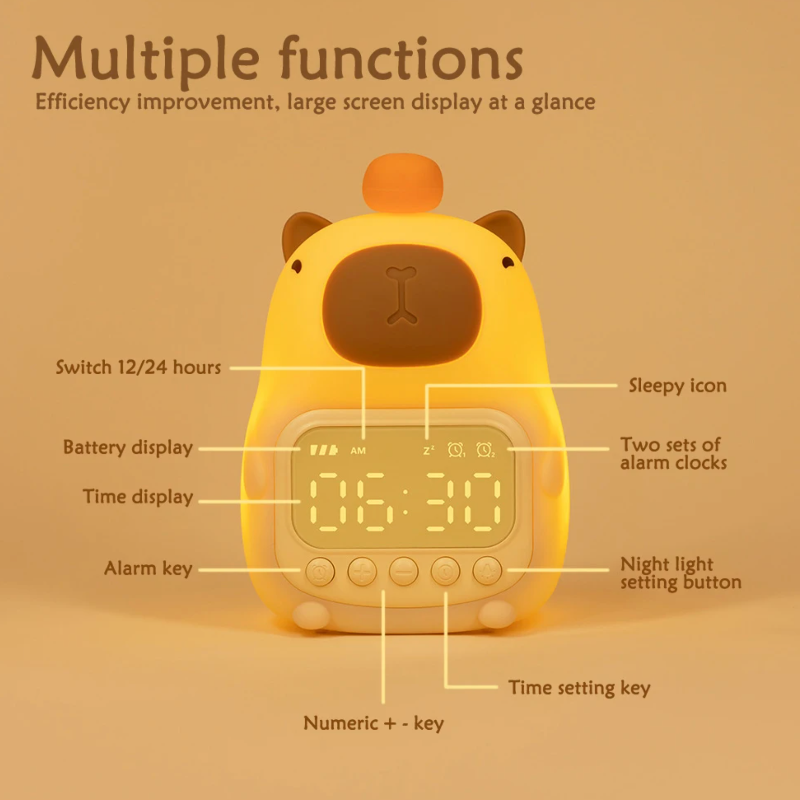 Capybara Night Light Alarm Clock Functions