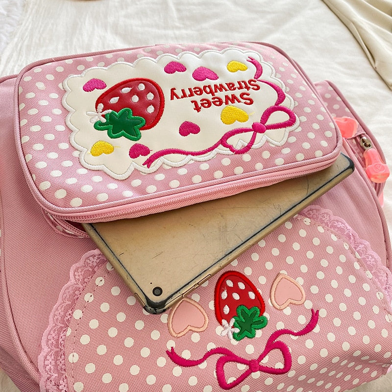 Kawaii Pink Sweet Strawberry Backpack Front Pocket
