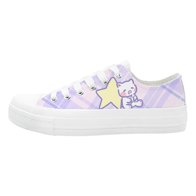 White sneaker with a colorful plaid pattern and a Kawaii cat and star  on a white background