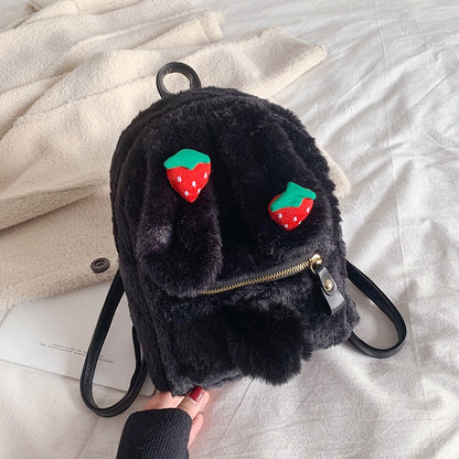Kawaii Black Plush Strawberry Bunny Backpack