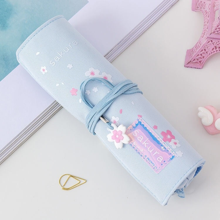 Kawaii Blue Sakura Roll Up Pencil Bag