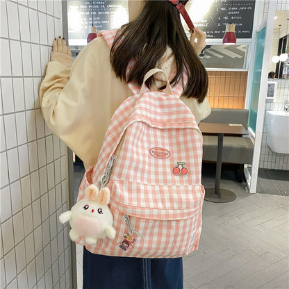 Kawaii Pink Cherry Plaid Backpack