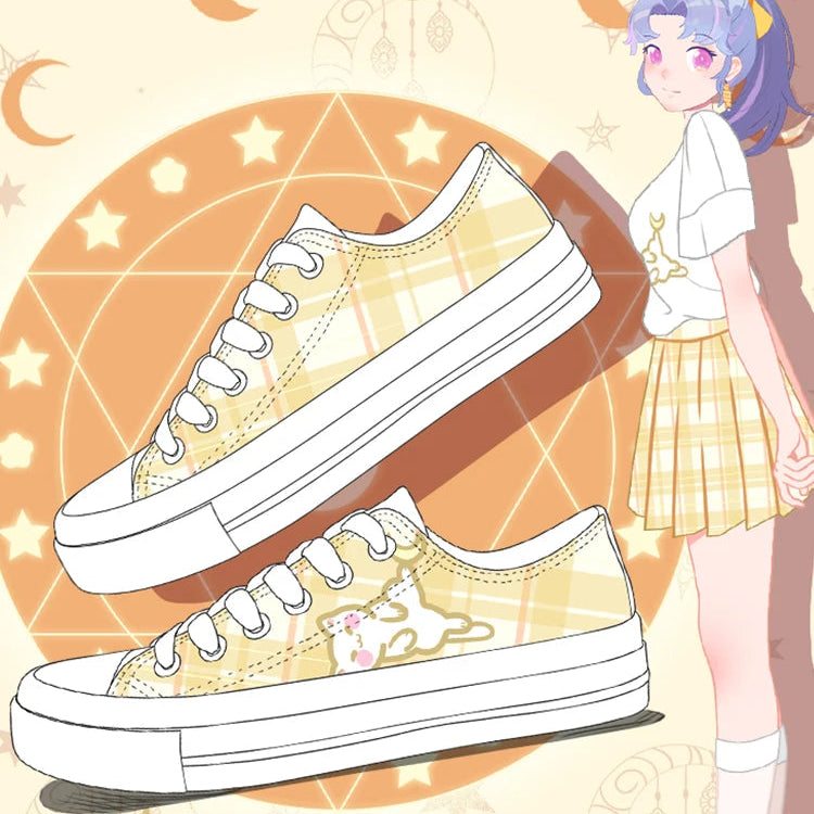 Yellow sneakers with white laces on a background featuring a character in a school uniform.