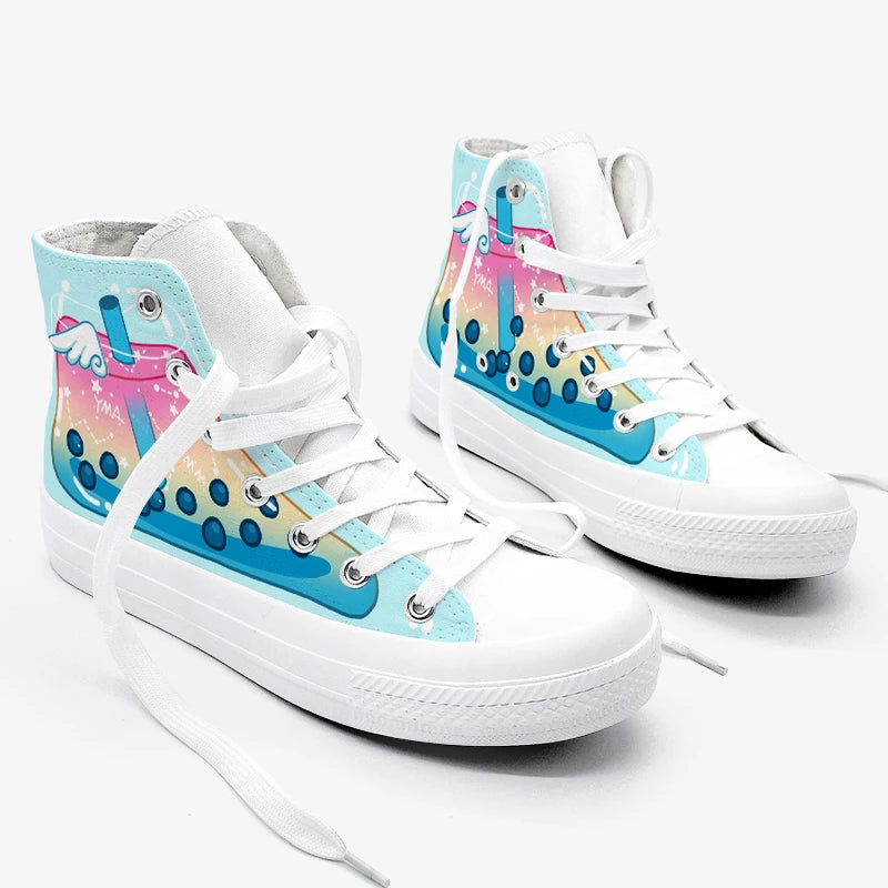 A pair of white high-top canvas sneakers featuring a colorful bubble tea graphic on the sides, displayed against a clean white background.