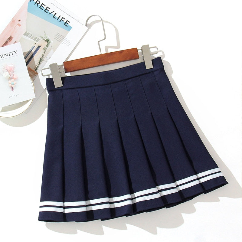 Kawaii Dark Blue High Waist Pleated Skirt