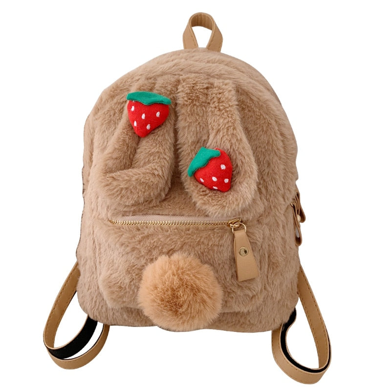 Kawaii Brown Plush Strawberry Bunny Backpack