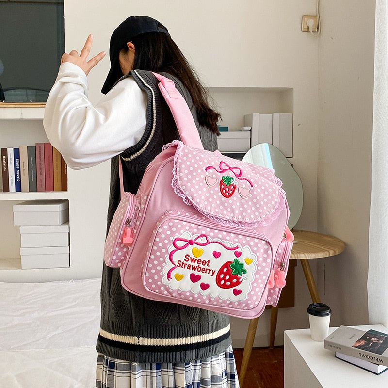 Model Wearing Kawaii Pink Sweet Strawberry Backpack