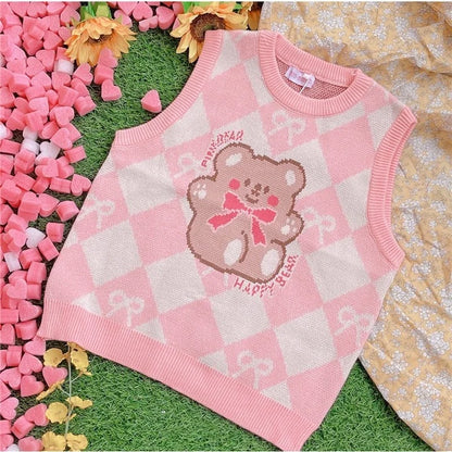 Kawaii Pink Argyle Teddy Bear Sweater Vest