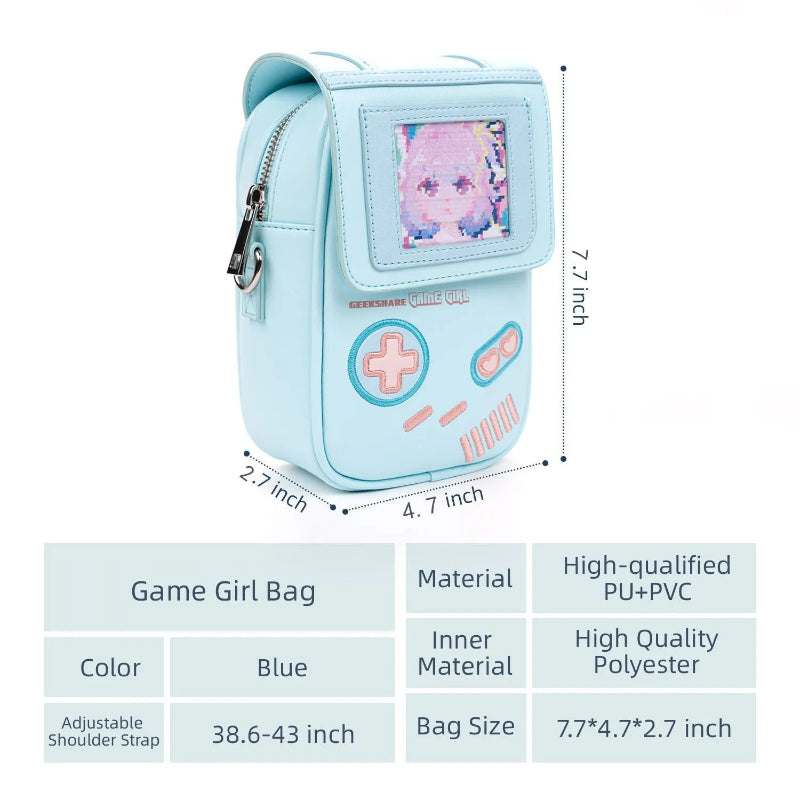 Light blue bag with game console design and dimensions displayed