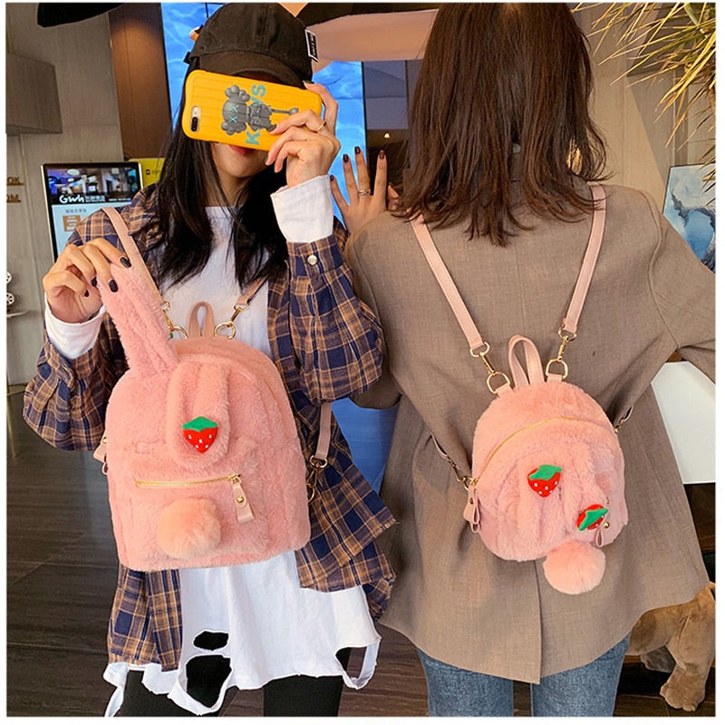 Kawaii Pink Plush Strawberry Bunny Backpacks