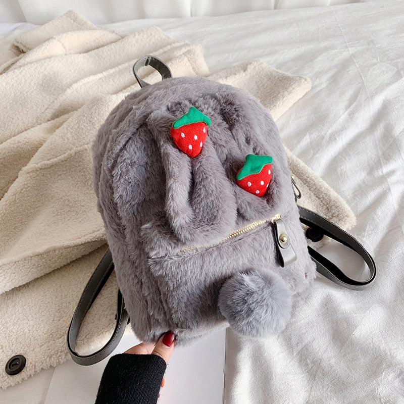 Kawaii Grey Plush Strawberry Bunny Backpack