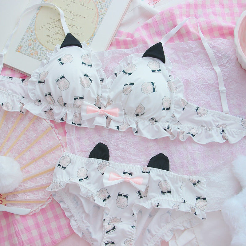 Kawaii Cat Paw & Ears Underwear Set in Black