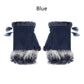Blue fingerless gloves with fur trim on a white background