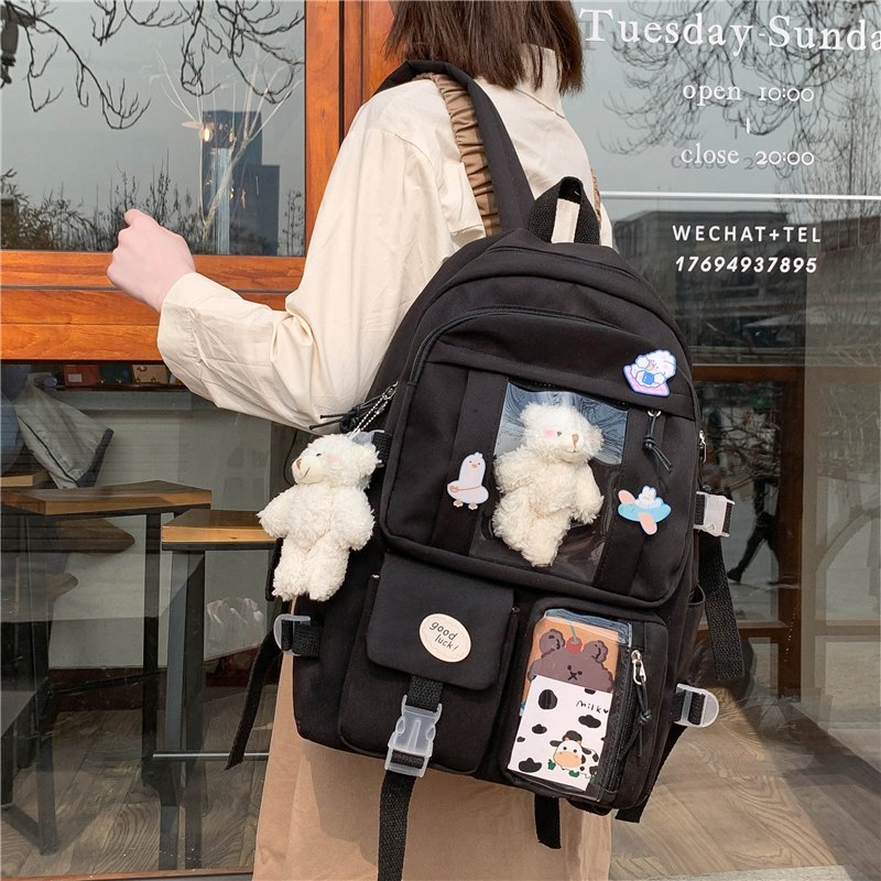 Model Wearing Kawaii Black Bear Plush Backpack