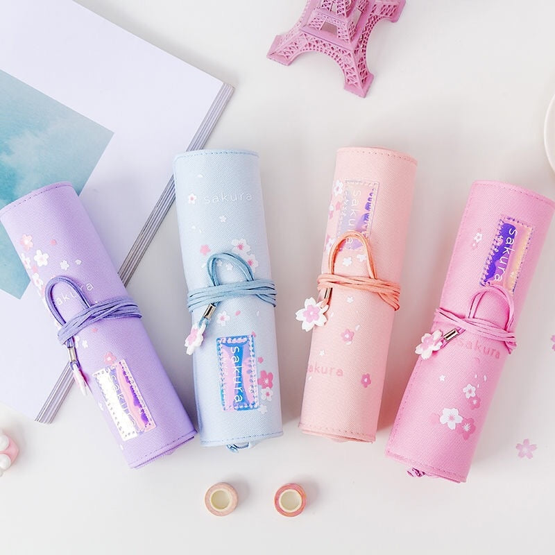 Kawaii Sakura Roll Up Pencil Bags