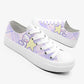White lace-up sneakers in pastel purple and pink plaid top, a Kawaii style star and cat design on a white background. 