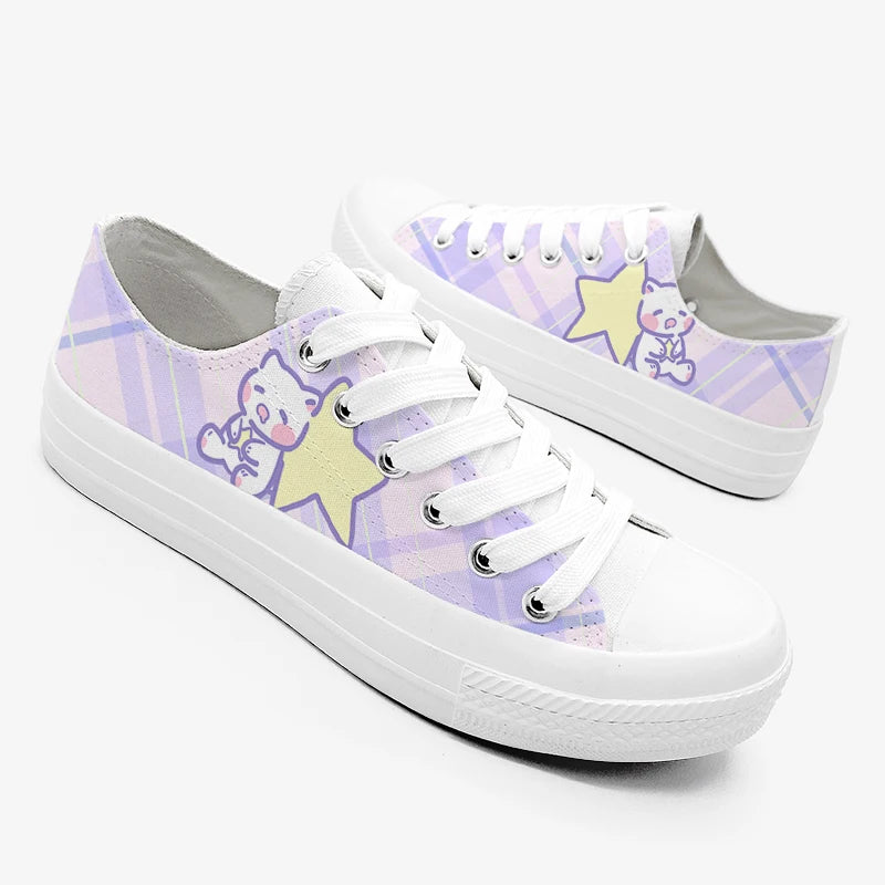 White lace-up sneakers in pastel purple and pink plaid top, a Kawaii style star and cat design on a white background. 