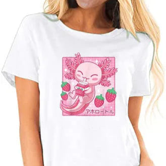 Kawaii Axolotl Strawberry Milk T-Shirt