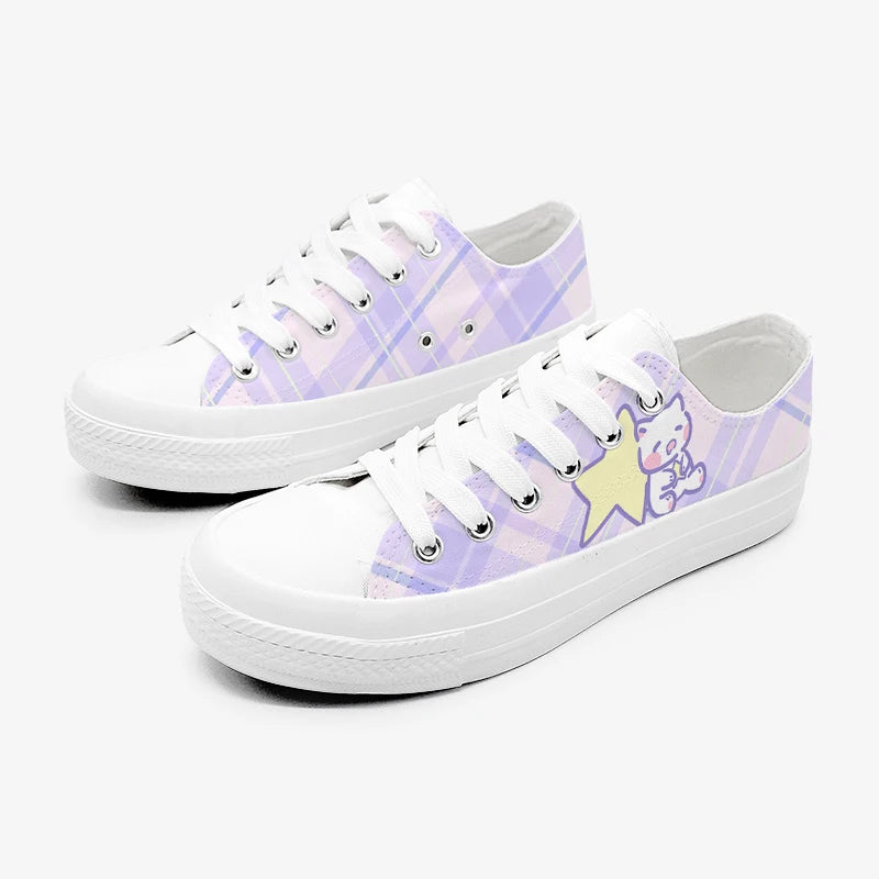 Pair of white sneakers with a purple and white plaid pattern, a star and cat on a white background
