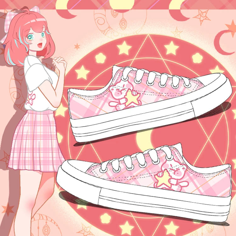 Anime character with pink hair wearing pink sneakers on a decorative background with stars and geometric shapes.