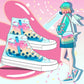 A stylized illustration showing a pair of high-top sneakers and a matching backpack/crossbody bag with a pastel rainbow gradient, bubble tea cup graphics, and small wing details. A cartoon-style person stands beside the shoes against a pink and blue graphic background.