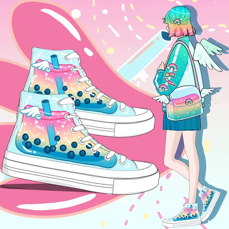 A stylized illustration showing a pair of high-top sneakers and a matching backpack/crossbody bag with a pastel rainbow gradient, bubble tea cup graphics, and small wing details. A cartoon-style person stands beside the shoes against a pink and blue graphic background.