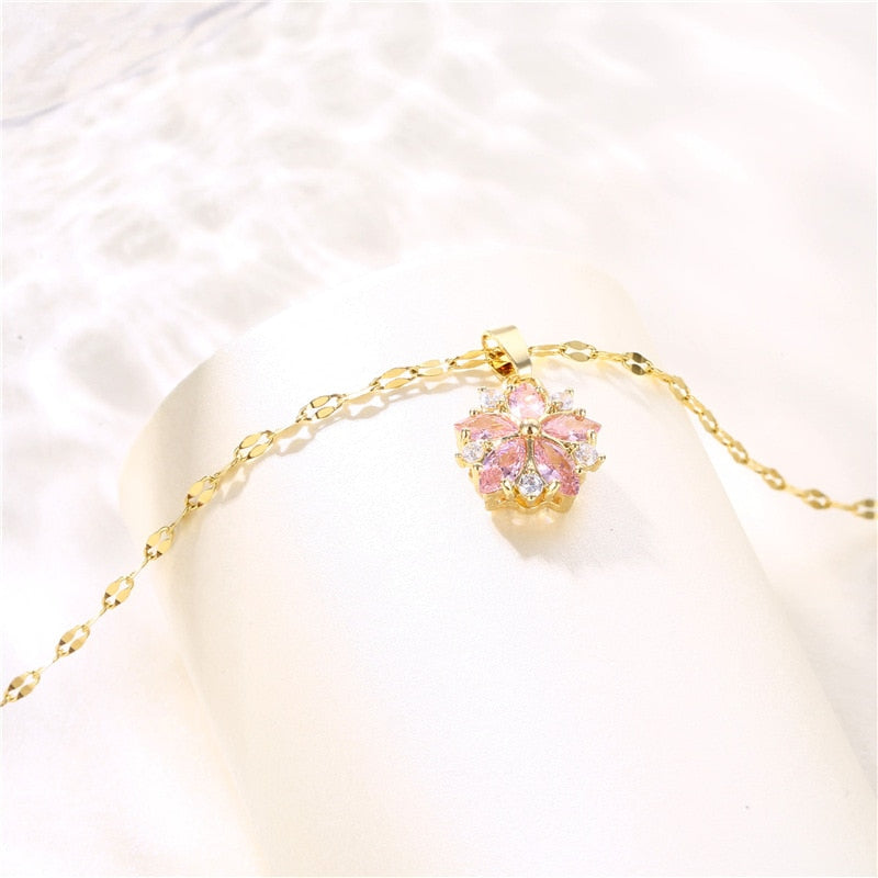 Kawaii Crystal Cherry Blossom Pendant Necklace