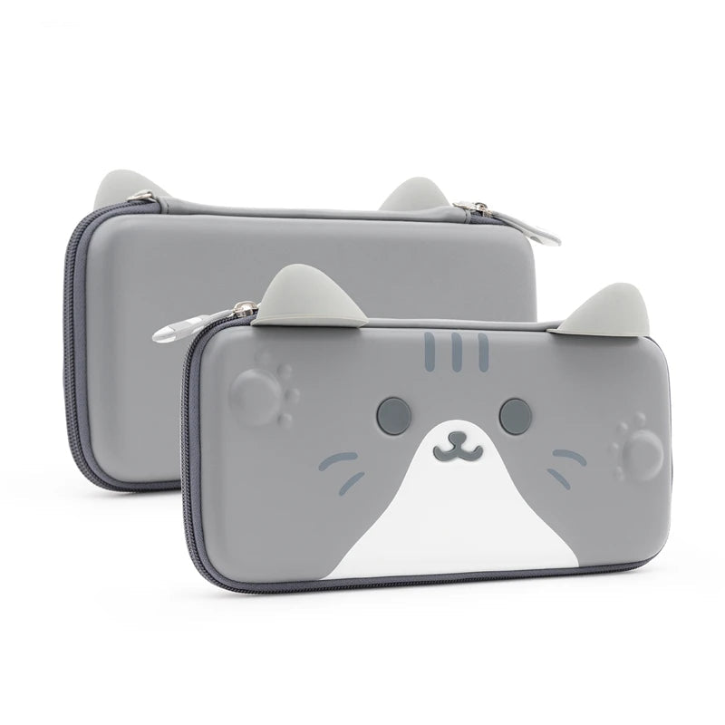 Gray Nintendo Switch case with cat face design on a white background