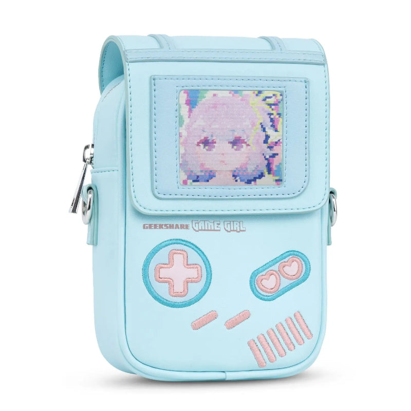 Light blue crossbody bag with pixelated anime character and game controller design on a white background