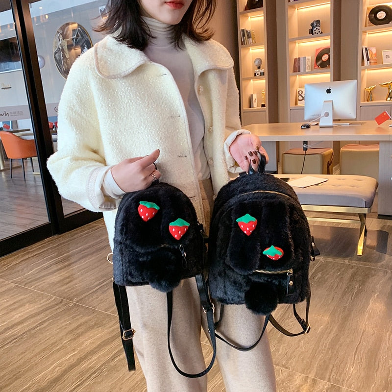 Kawaii Black Plush Strawberry Bunny Backpacks