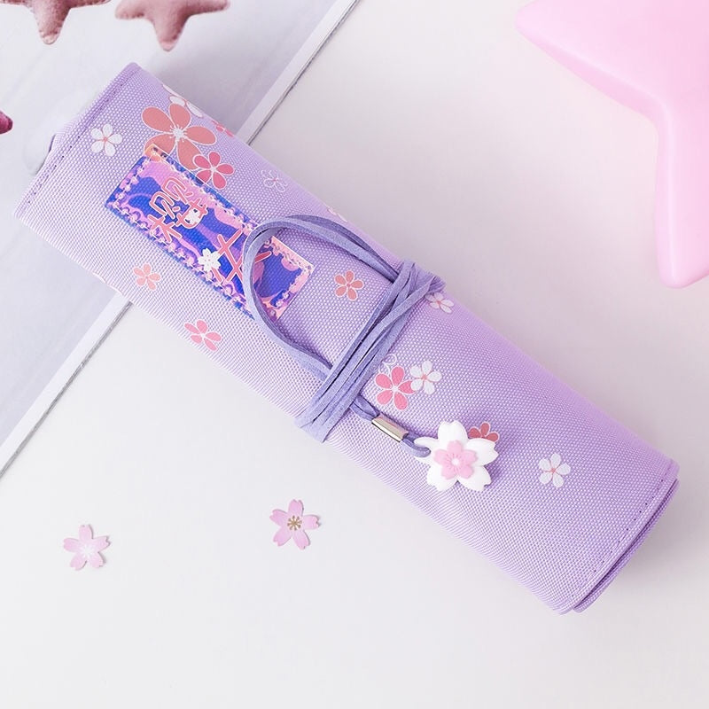 Kawaii Purple Sakura Roll Up Pencil Bag